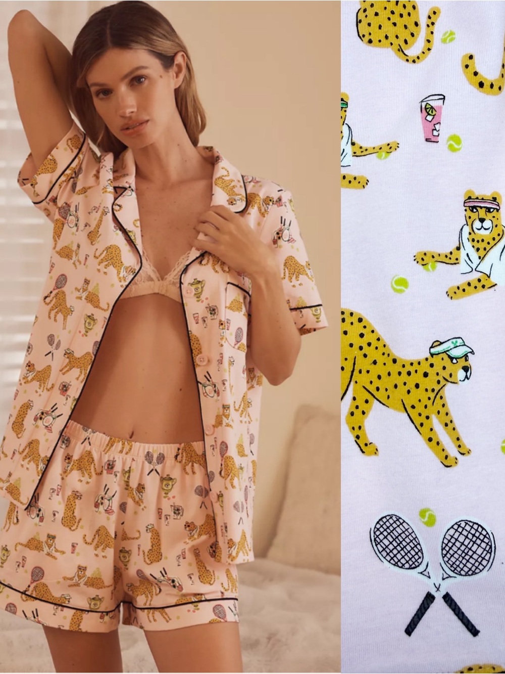 BedHead PJs X Anthropologie Tennis Cheetahs Pajama Short Set Short Sleeve Pink